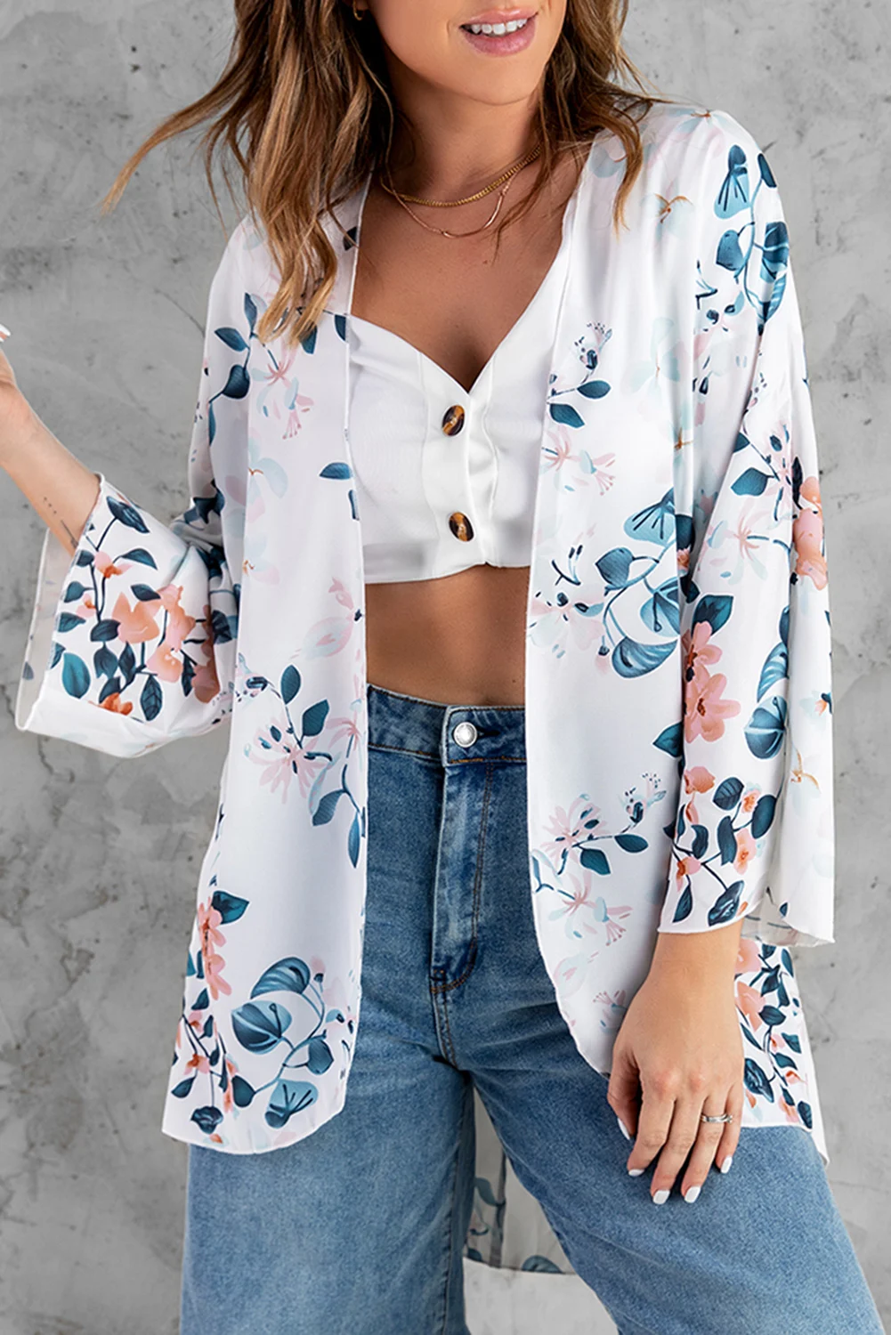 

Floral Print 3/4 Sleeve High Low Open Front Kimono Cover Up Swimsuit