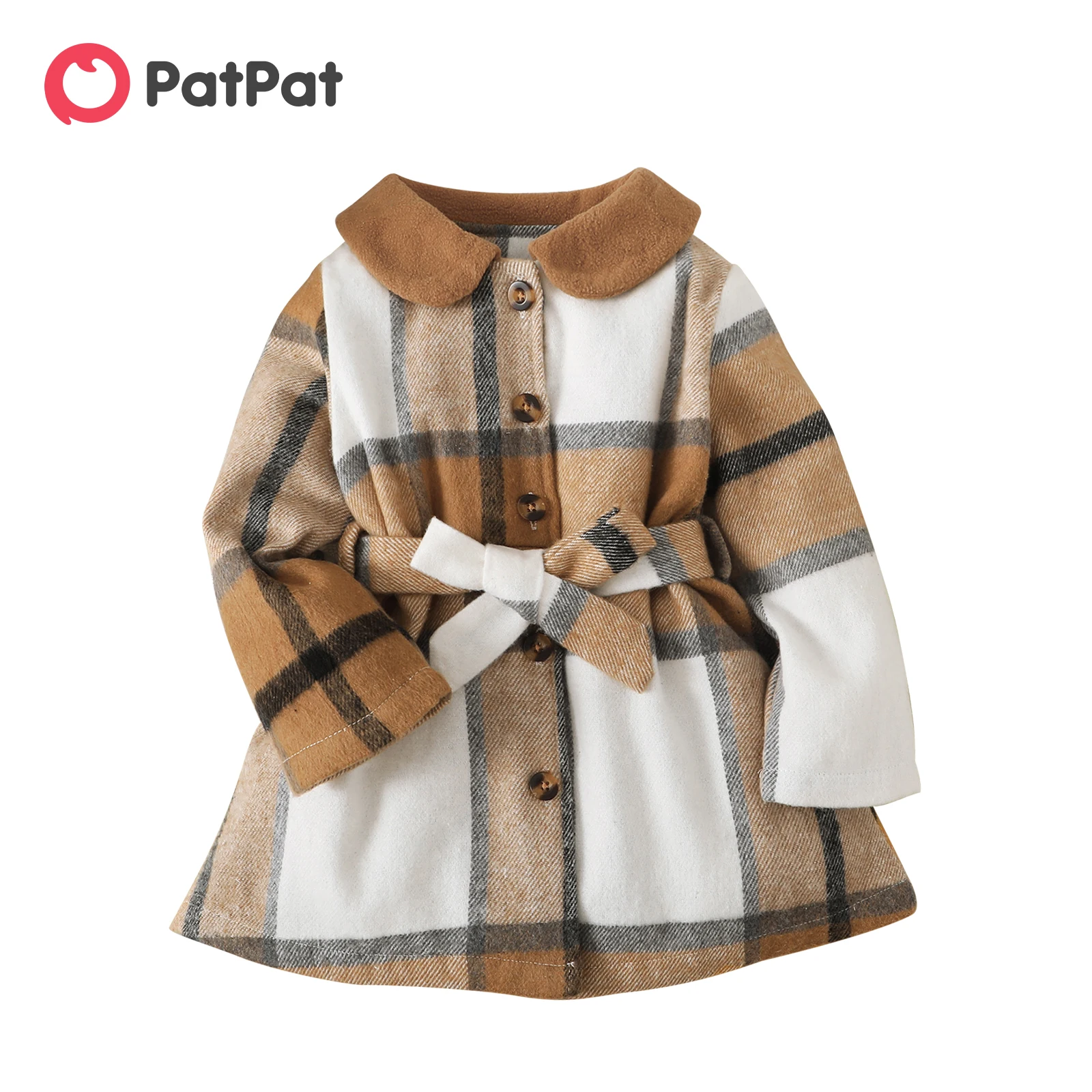 

PatPat Toddler Girl Doll Collar Plaid Button Design Belted Coats