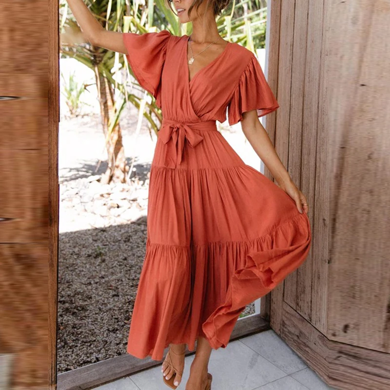 

Summer Ladies New Casual Solid Color Short Sleeve Maxi Dress Fashion Commute Lace-up High Waist Ruffled Dresses Bohemia Women's