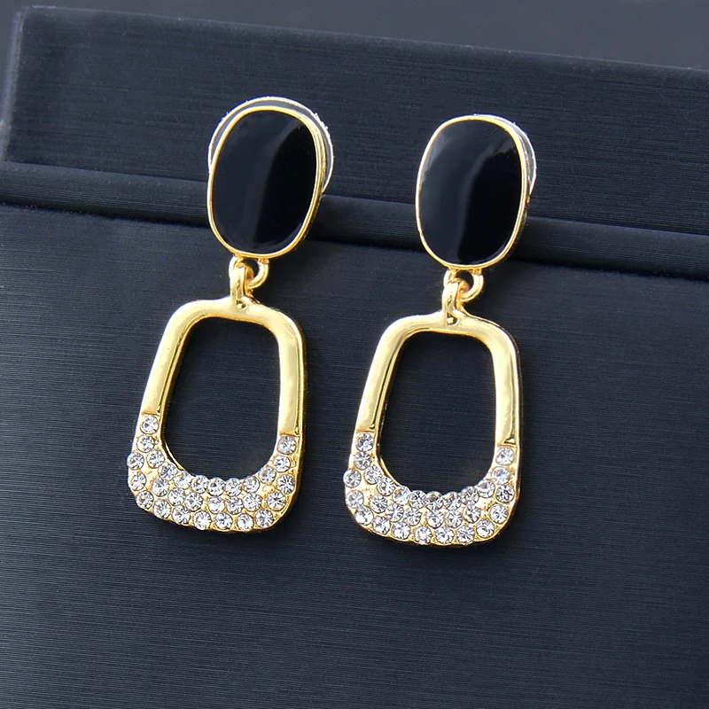 

SINLEERY Geometric Black Enamel Drop Earrings For Women Gold Color Cubic Zirconia earrings 2022 trend Jewelry 2022 New ES411 SSK