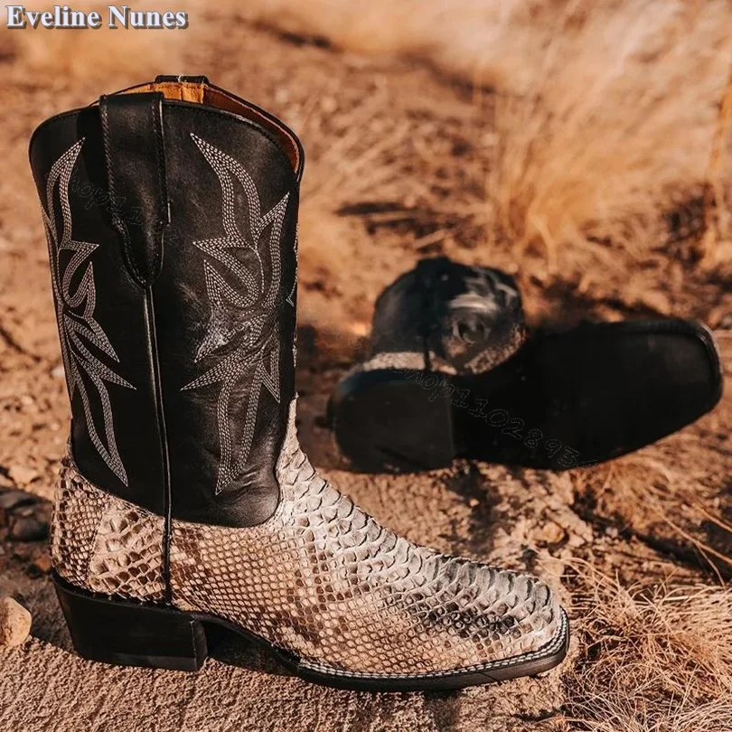 Мужские ковбойские ботинки с вышивкой темно-синие классические на высоком