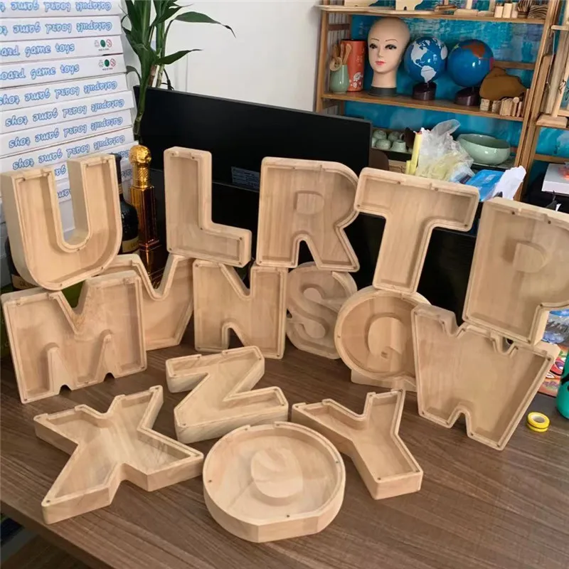

Wooden Upstanding Piggy Bank Letter Money Box Art Figurines Eco-friendly Shaped Home Decor Burly Wood Meaningful Souvenir Gift