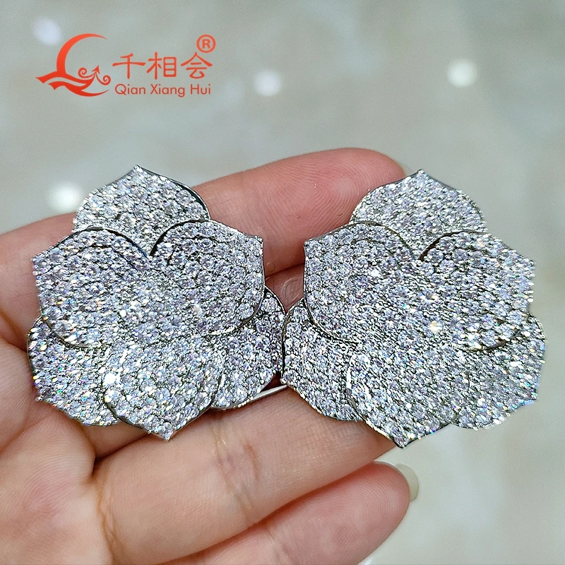 37*37mm big flat flowers S925 silver   earrings ear stud D vvs white moissanite stone Earring earrings jewelry woman gift
