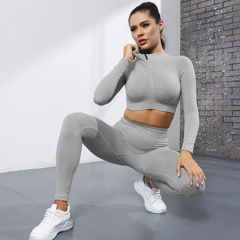 

CXUEY Zip Long Sleeves Crop Top High Waist Seamless Leggings Women Fitness Suit Workout Sport Outfit Yoga Set Woman Gym Clothing