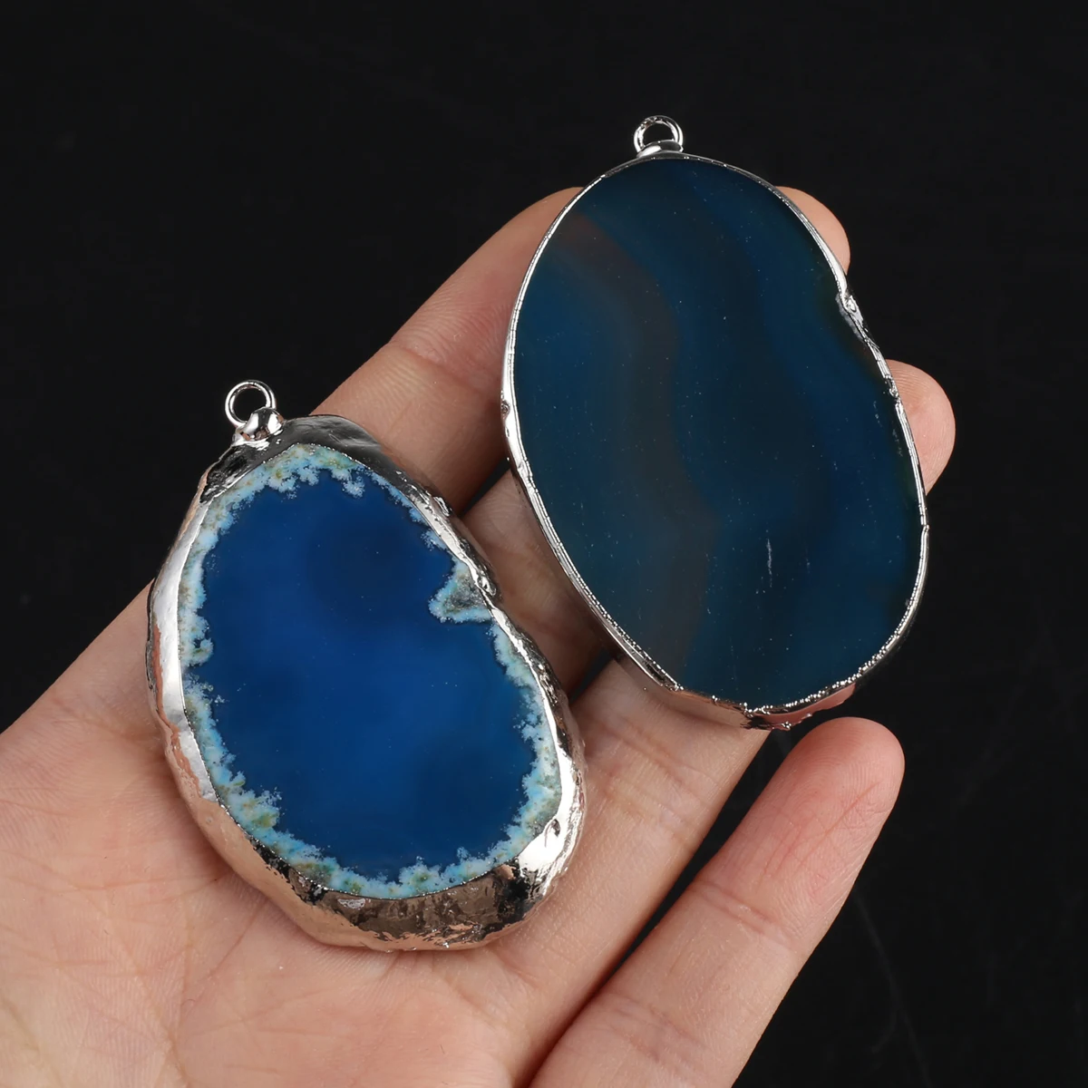 Natural Stone Pendants Sliver Plated Polished Blue Agates High Quality for Fashion Jewelry Making Diy Women Necklace Gifts
