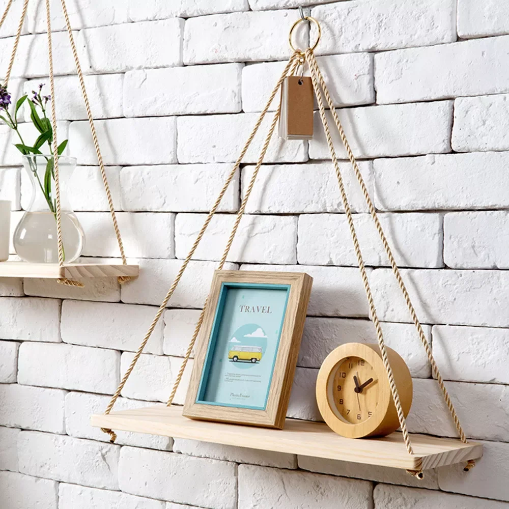 

NEW2023 Premium Wooden Swing Hanging Rope Wall Mounted Shelves Plant Flower Pot Rack indoor outdoor European simplicity Shelves
