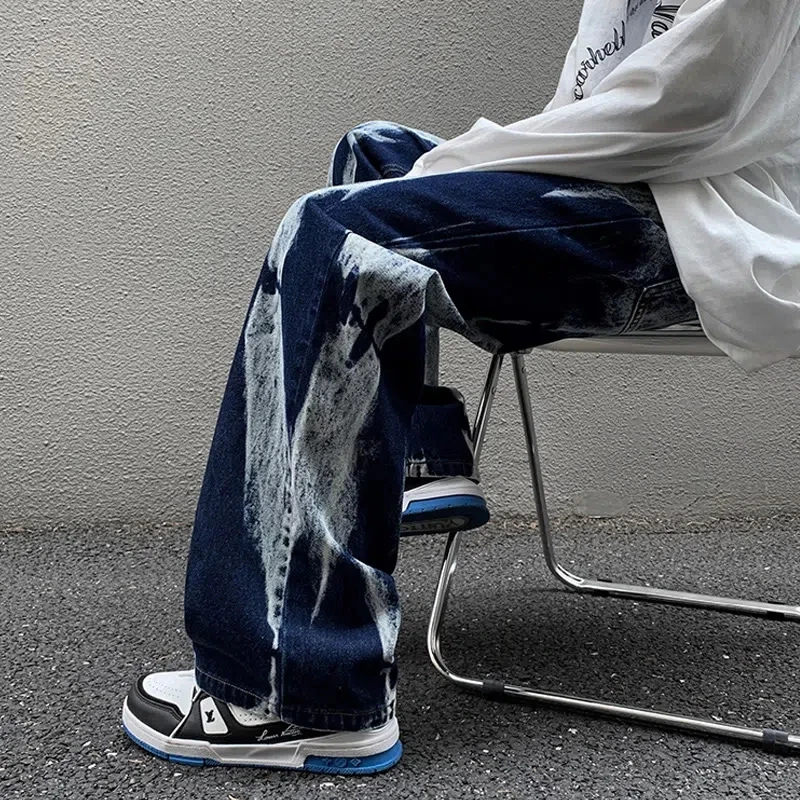 Vintage Pants Trendy Tie Dye Gradient Straight Y2k Baggy Jeans Men American High Street Loose Drape Wide-Leg Pants Man