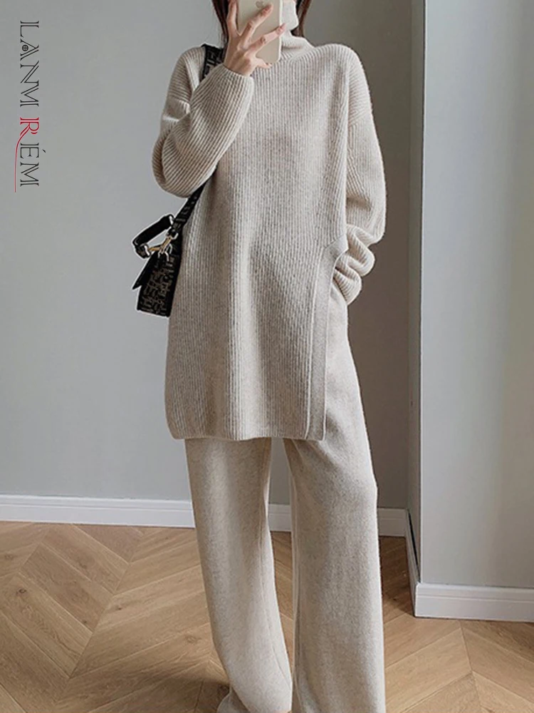 

LANMREM Повседневный вязаный комплект женский свитер с воротником под горло Асимметричный свитер с высокой талией широкие брюки однотонная одежда 2023 зима новинка 2AA2509