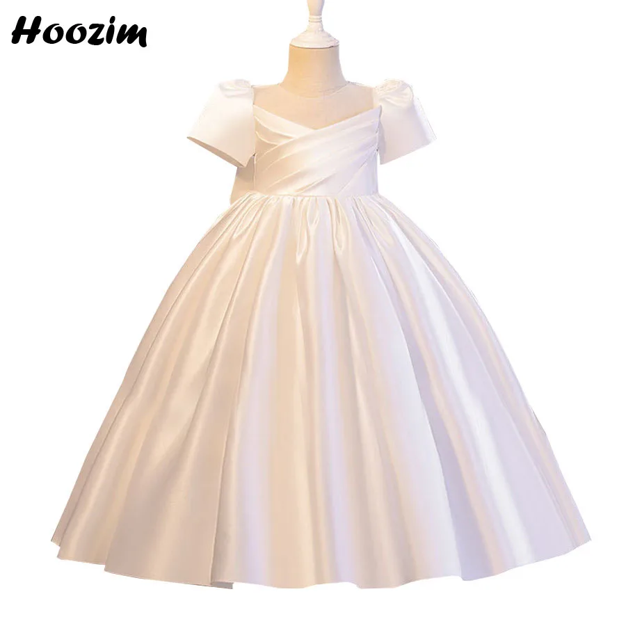 White Minimalist Back Bow Short Sleeve Gala And Wedding Ball Gown Girls 18M To 9 Years Criss Cross Prom And Evening Dress Kids