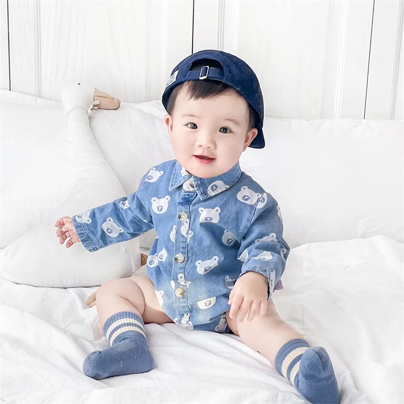 

Spanish Baby Clothes Denim Romper for Baby Boy Newborn Summer Clothing Bear Prints Long Sleeve Bodysuit Infant Outfit Babies Set