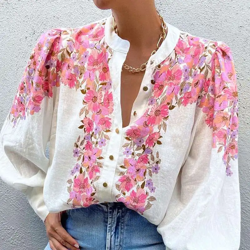 

2023 VONDA Women's Shirts Fashion Long Puff Sleeve Bohemian Floral Printed Tunic Tops Casual Loose Blouses Elegant Blusas Femme