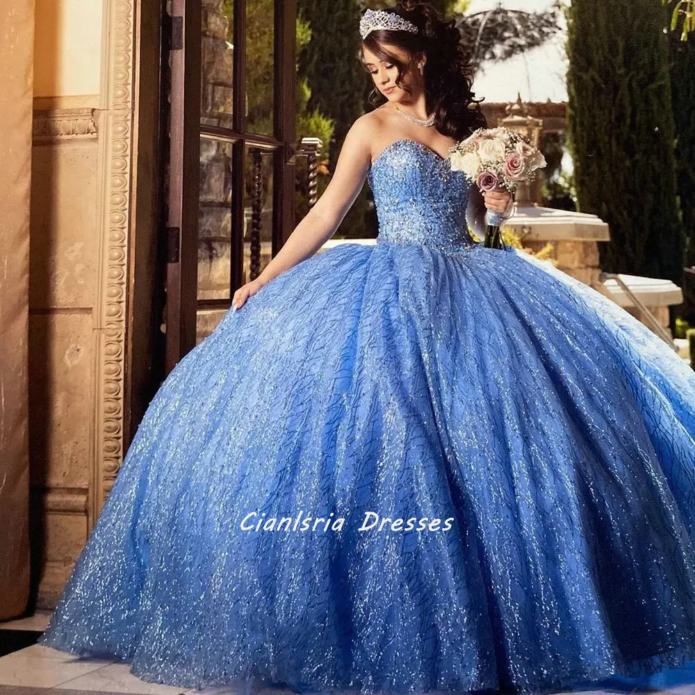 

Blue Sparkly Crystal Ball Gown Quinceanera Dresses Gorgeous Sweetheart Sleeveless Beading Corset Sweet 15 Girls Party