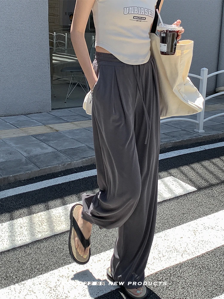 

Vintage 2022 Summer Wide Leg Pants Women Elegant Office Ladies dark Gray high Waist Pants trousers