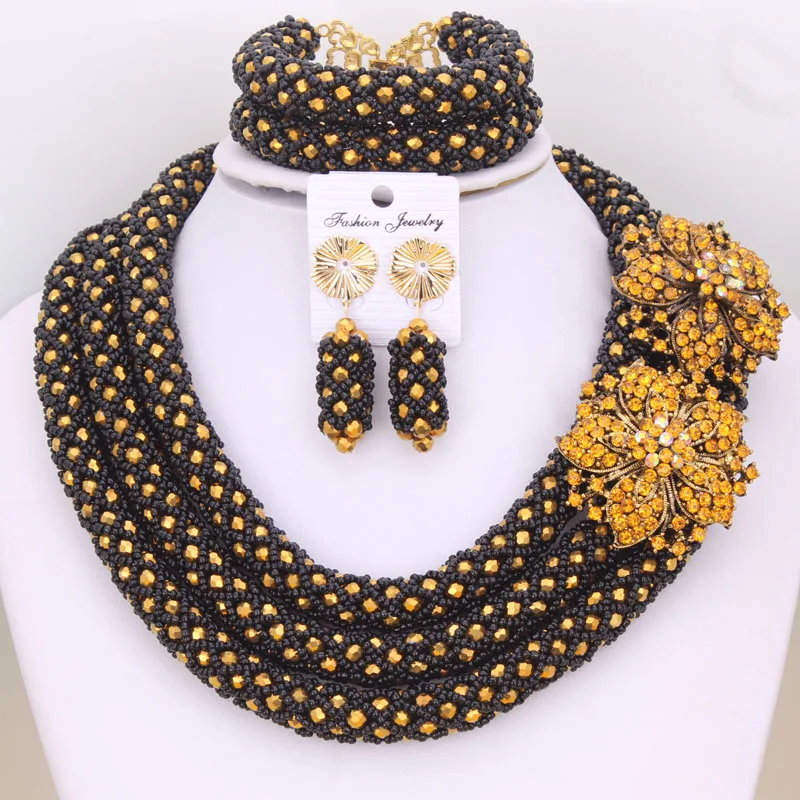 Dudo Store African Beads For Wedding Crystal Beaded Bridal Jewellery Set 3 Layers Nigerian Necklace Set 2022