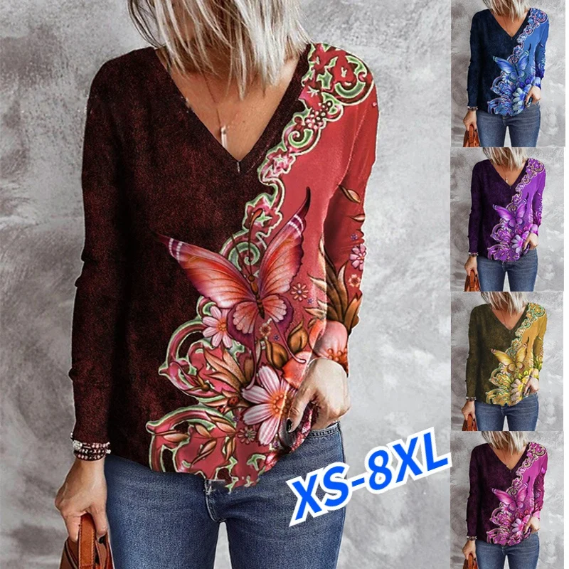 Women Casual Loose Long Sleeve T-shirt Floral Butterfly Printing  Blouse Spring and Autumn Crew Neck Pullover Bottoming Shirt