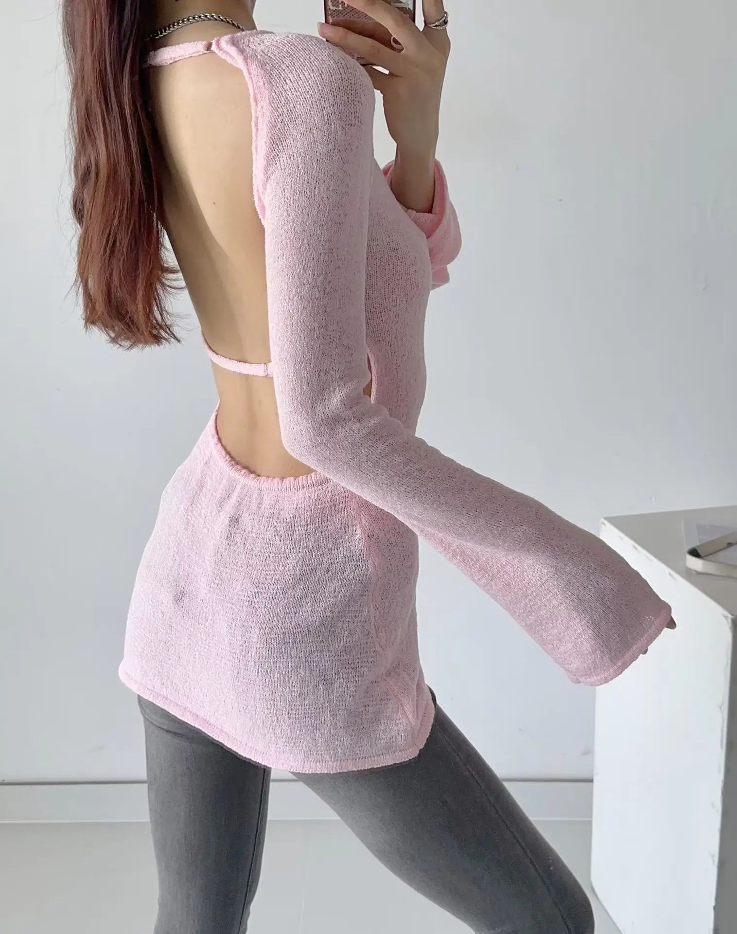 

Spice girls sexy big halter sweater women 2023 autumn new waist waist horn sleeve long bottom shirt