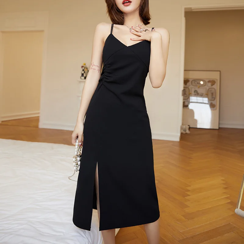 

V-neck Split Sexy Strap Dress for Women 2022 Summer New Waist Slimming Mid-Length Underwear Black Dress