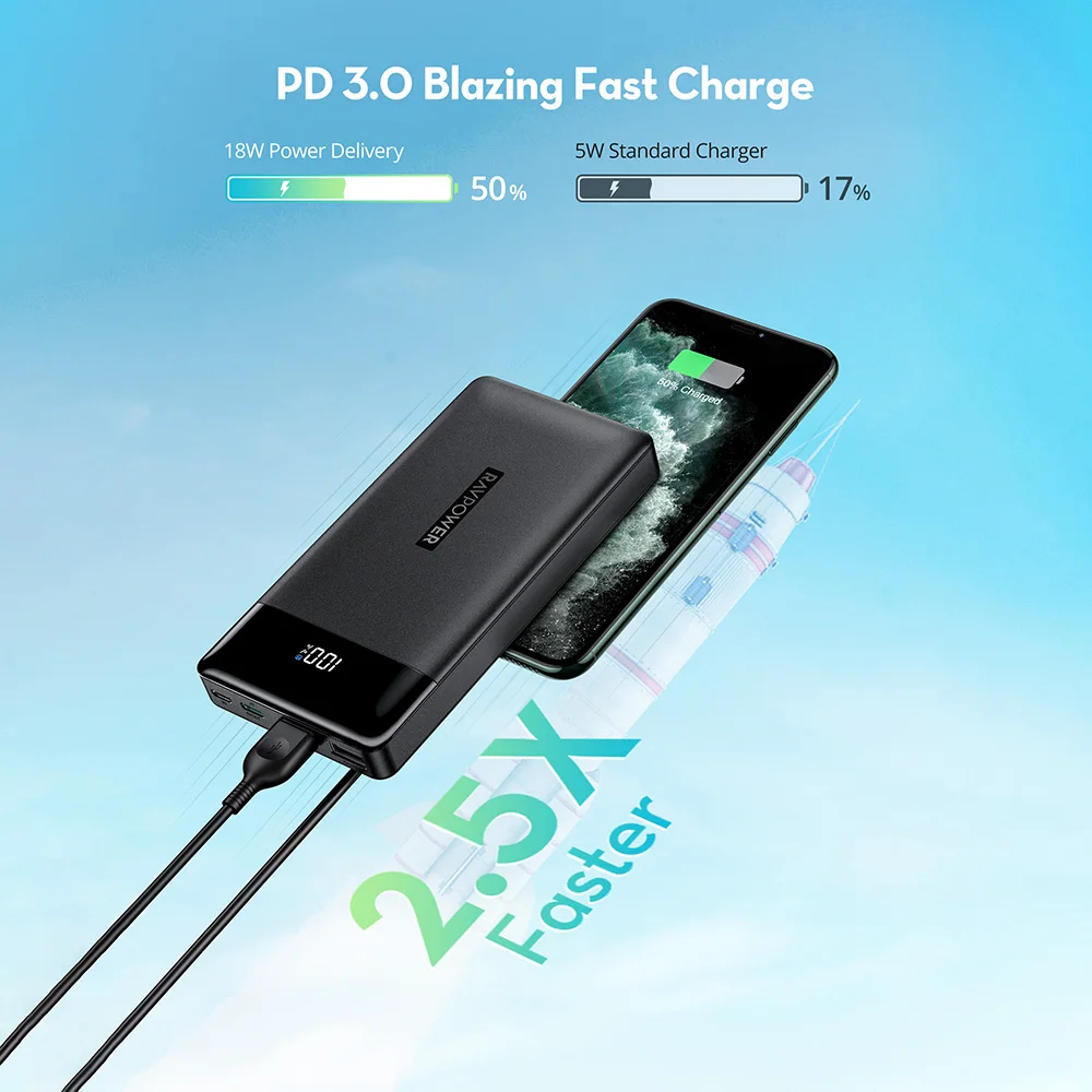Портативное зарядное устройство RAVPower 15000 мАч QC PD 3 0 18 Вт быстрая зарядка
