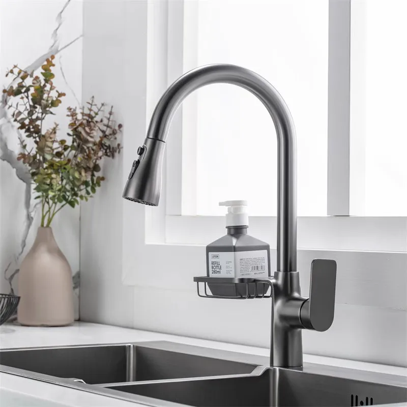 Серебристый кухонный смеситель для горячей и холодной воды выдвижной поворотный