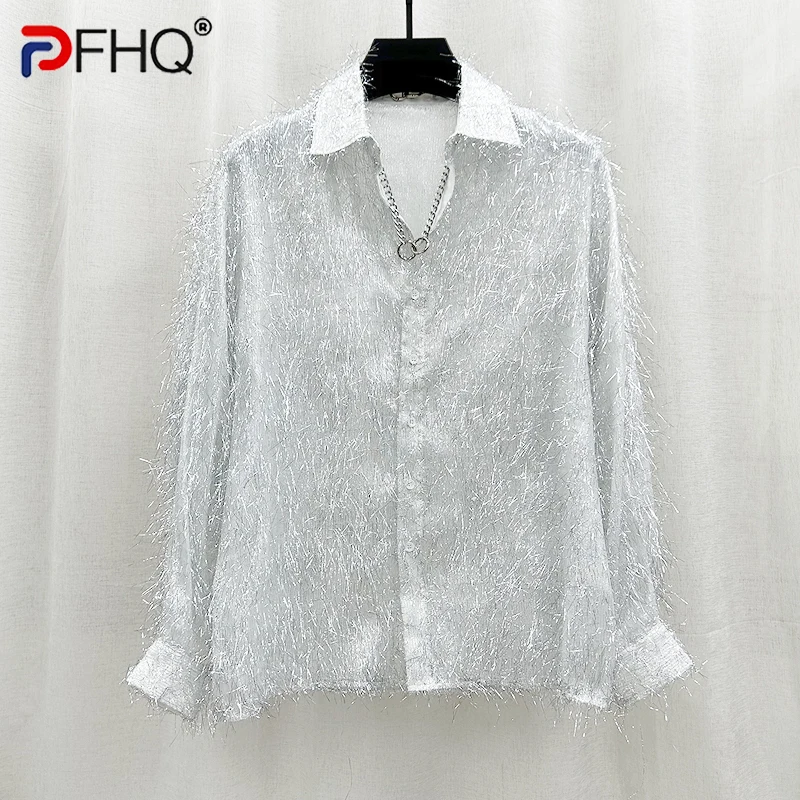 

PFHQ 2023 Summer New Fashion Casual Sequins Shirts For Men Turn-down Collar Long Sleeve Loose Men's Blouse Clothing Tide 21F4032