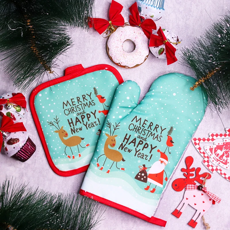 2pcs Christmas hot Oven Mitts Baking Anti-Hot Gloves Pad Dining Kitchen Mat New Year 2023 Navidad Xmas Party home Decorations