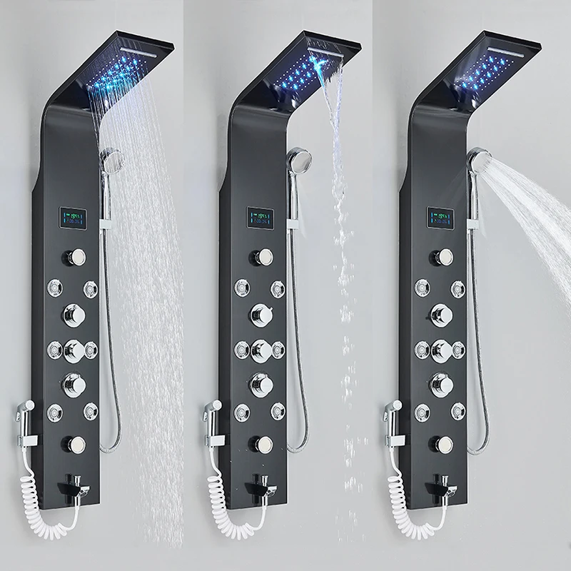 

Black LED Light Rainfall Shower Faucet Bathroom SPA Massage Jet Shower Column System Waterfall Shower Panel Bidet Sprayer Tap