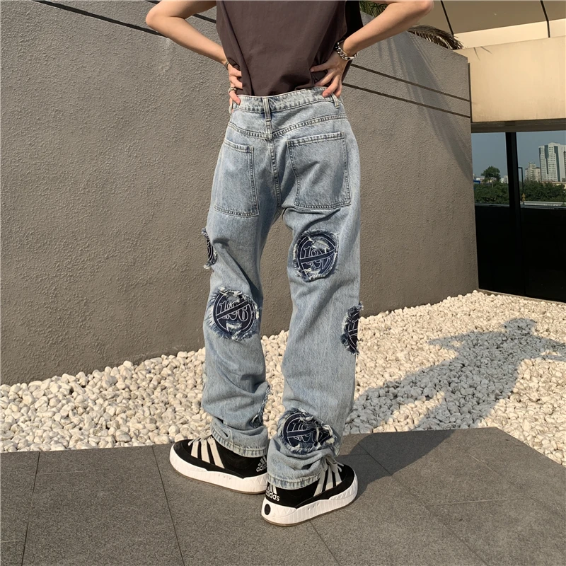 Hip Hip Denim Pants Mens Streetwear Patchwork Ripped Denim Zipper Pants Harajuku Cotton Joggers Jeans Trousers Straight Pants