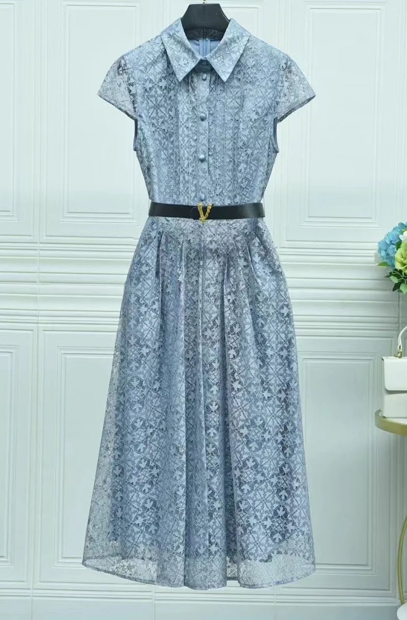 

Женское кружевное платье с поясом, Элегантное синее и черное платье с отложным воротником и коротким рукавом, украшенное бусинами, лето 2023