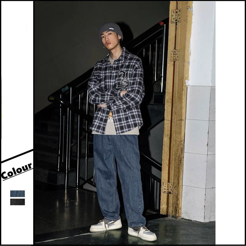 2022 Spring Retro Washed Jeans Men's Japanese Loose Straight Pants Ins Tide Brand Fashion All-match Blue Casual Wide-leg Pants