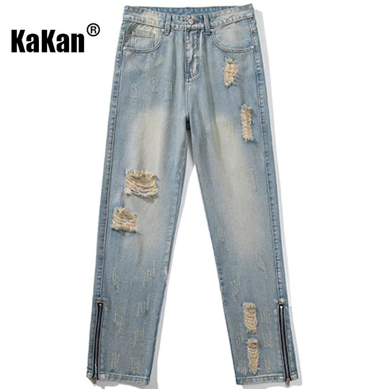 Kakan - New European and American Men's Wear Perforated Straight Leg Jeans, Relaxed Design Sense Vintage Long Jeans K24-ASN713
