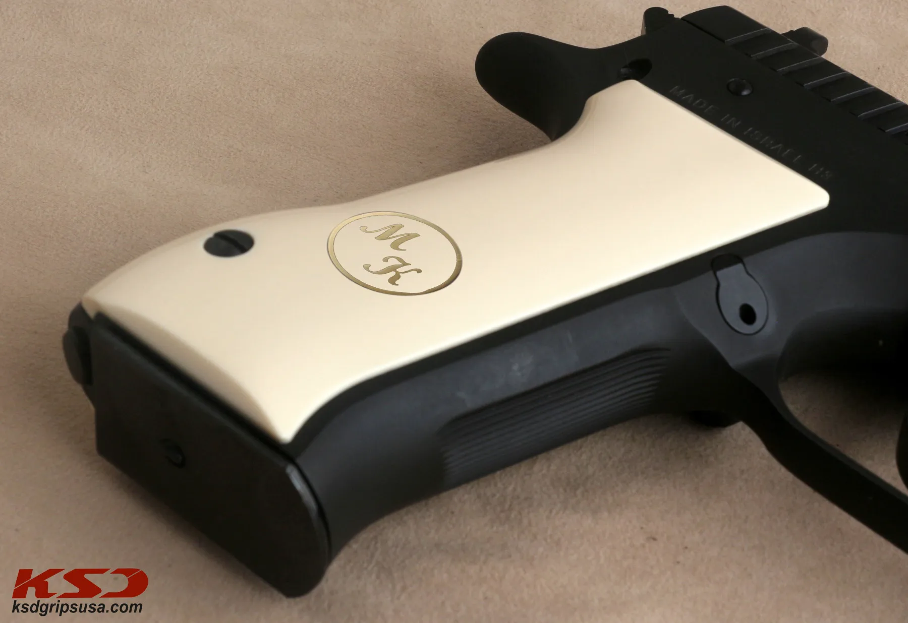 

Ksd Jericho .45 Acp Model Compatible White Acrylic Grip for Replacement with Custom Letters on Brass