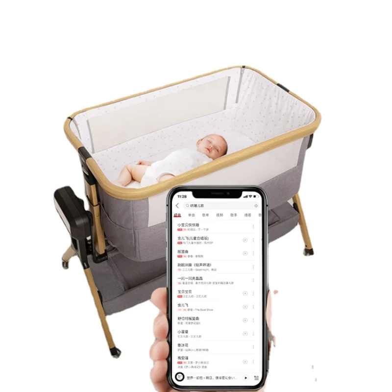 

Baby Crib Portable Foldable Mobile Bluetooth Electric Bassinet Newborn Baby Stitching Bed