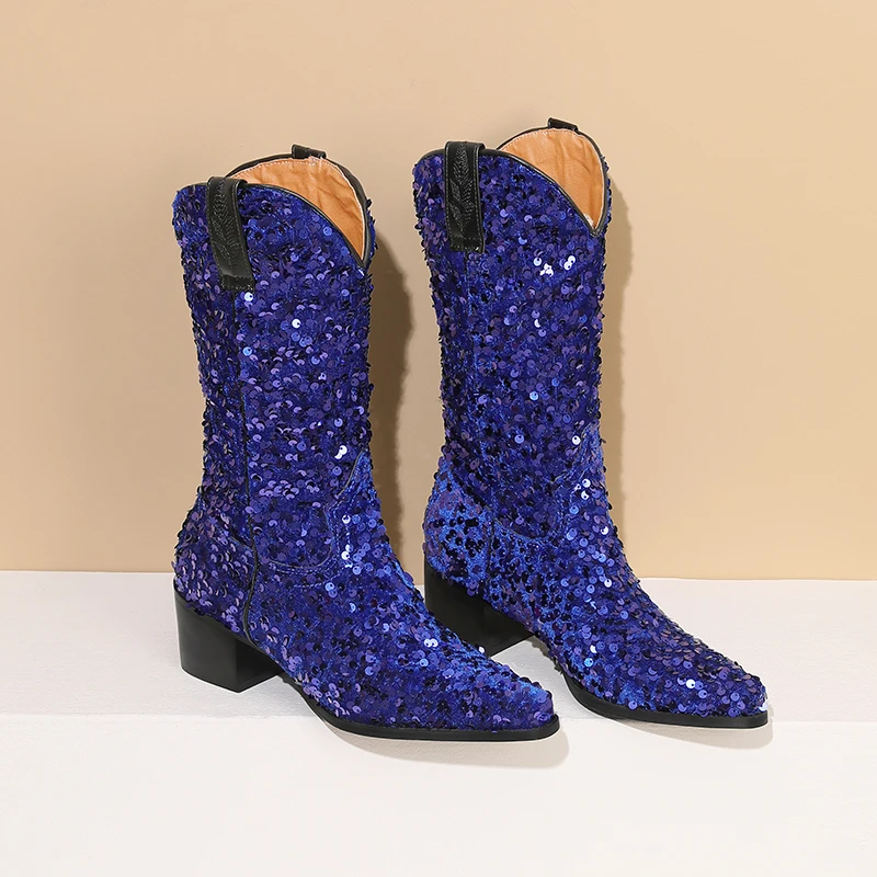 

Pink Gold Sequined Cloth Cowboy Western Boots Glitter Purple Blue Bling Bling Cowgirl Mid-Calf Boot Ladies Shiny Party Shoes 43