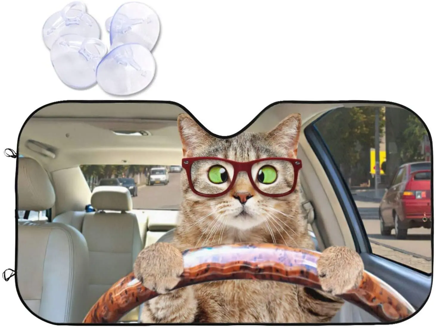 

A Crosseyed Cat with Glasses Driving A Car Car Front Windshield Sun Shade Foldable Sun Visor Protector Sunshade for Car Truck SU