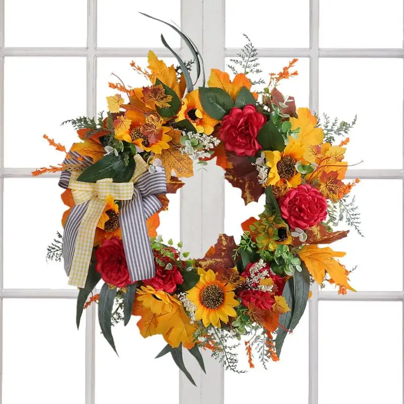 

Fall Floral Wreath With Bow Colorful Harvest Floral Wreath With Bow Thanksgiving Decoration Door Wreath For Front Door Walls