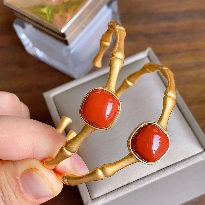 

Оригинальный старинный золотистый квадратный Южный красный турмалиновый браслет, китайский Ретро богемный светлый роскошный женский браслет, ювелирные изделия