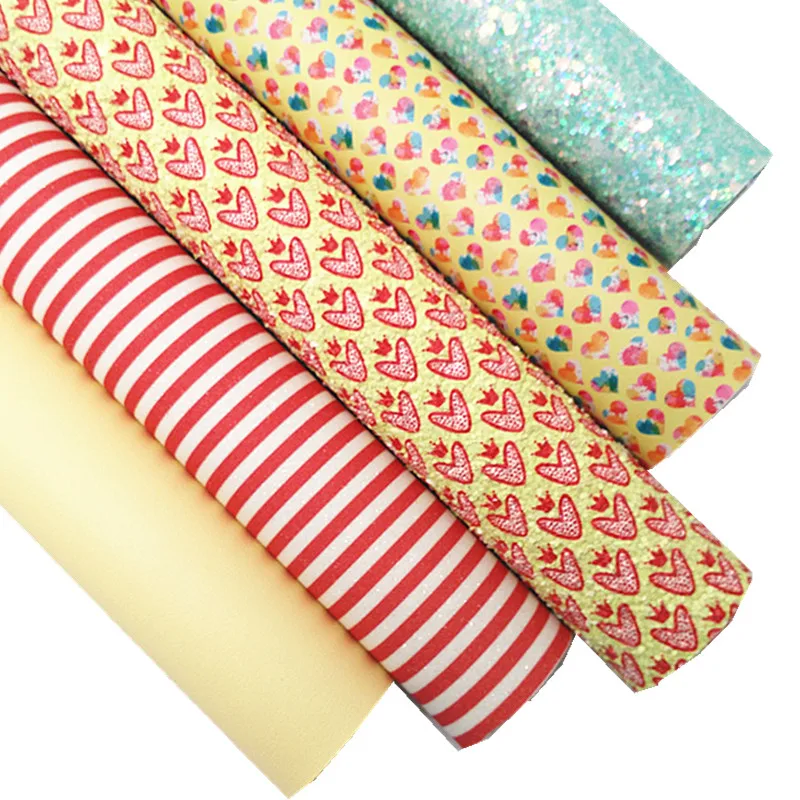 Red Stripe Faux Leather Rainbow Heart Printed Synthetic Leather Hearts Printed Glitter Faux Vinyl for DIY Craft 8.2