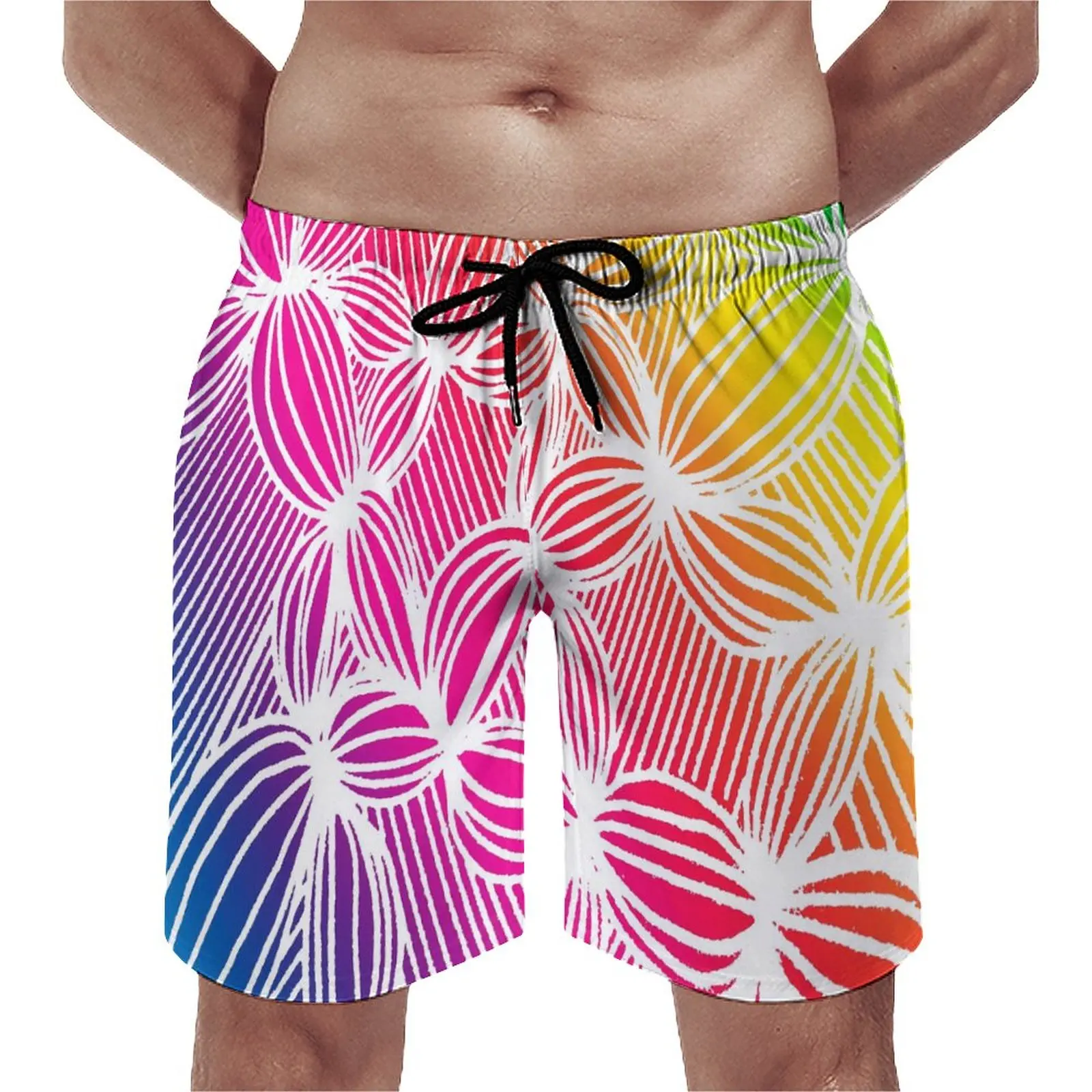 

Curve Print Board Shorts Summer Rainbow Lines Fashion Beach Short Pants Men Sports Fitness Quick Drying Graphic Swimming Trunks