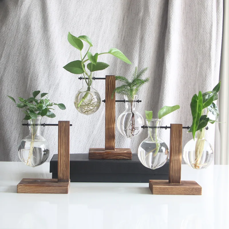 

Creative Frame Glass Vase Tabletop Terrarium Hydroponics Plant Vases Bonsai Transparent Flower Pot With Wooden Tray Home Decor