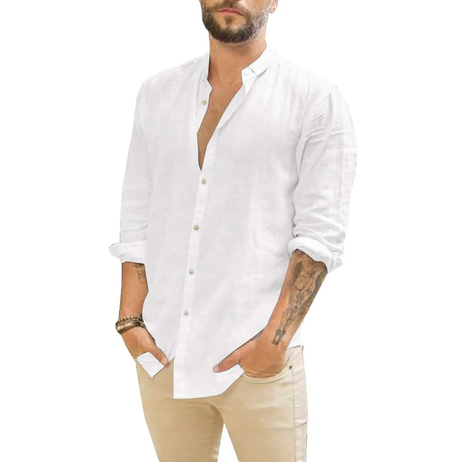 Shirts For Men Cotton Linen Solid Color Long Sleeve Shirts White Loose Stand Collar Shirts Tops