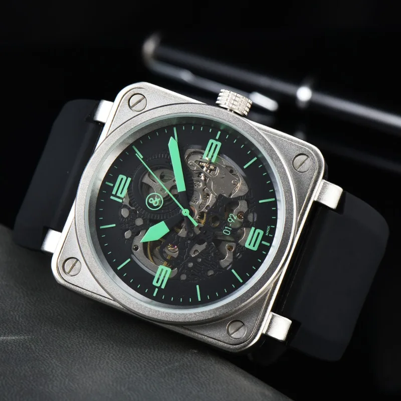 

Reloj mecánico automático para hombre, cronógrafo con campana, cuero marrón, negro, goma Ross, esfera grande de 46mm