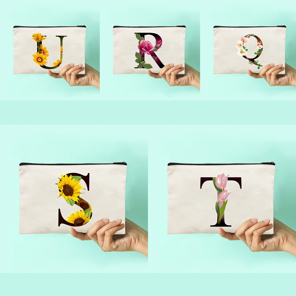 

Women Canvas Makeup Bag Flower Letter Name Series Pattern Makeup Organizer Cosmetic Bags Pencil Cases Bridesmaid Makeup Bag Gift