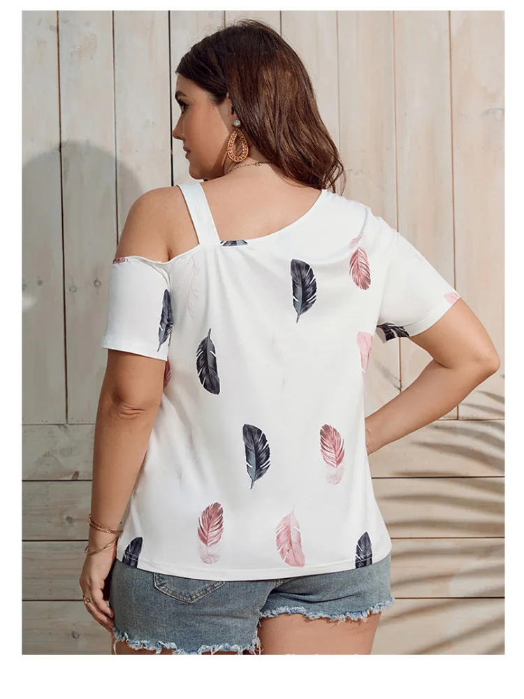Oversized women's comfortable cross-neck, off-the-shoulder slim T-shirt plus size clothing  plus size tops