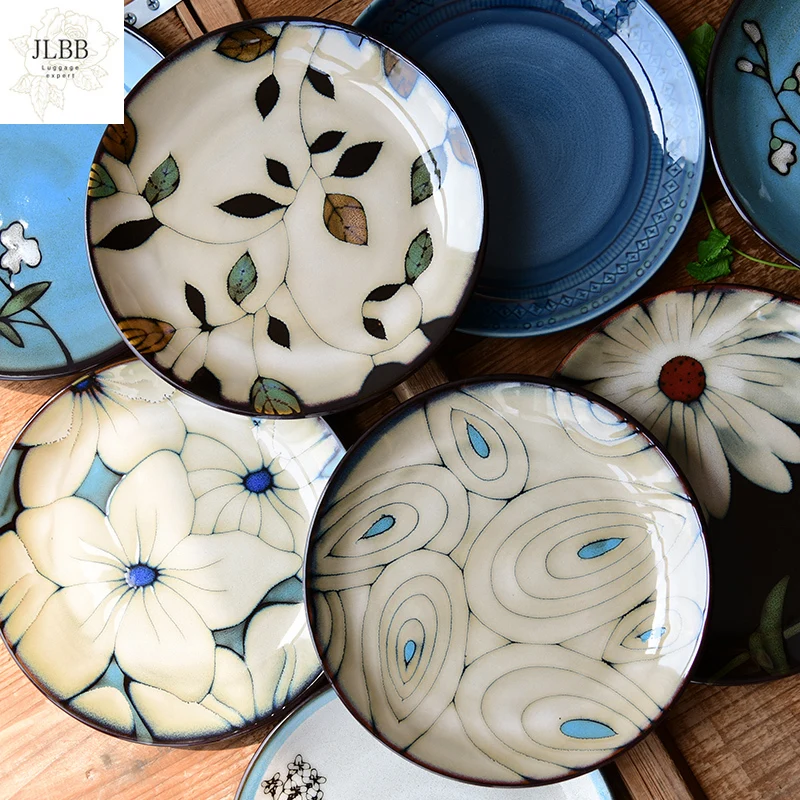 

8 inch Vintage Handpainted Floral Plates Underglaze Ceramic Round Serving Dinner Plate Dish Retro Home Decor Kitchen Dinnerware