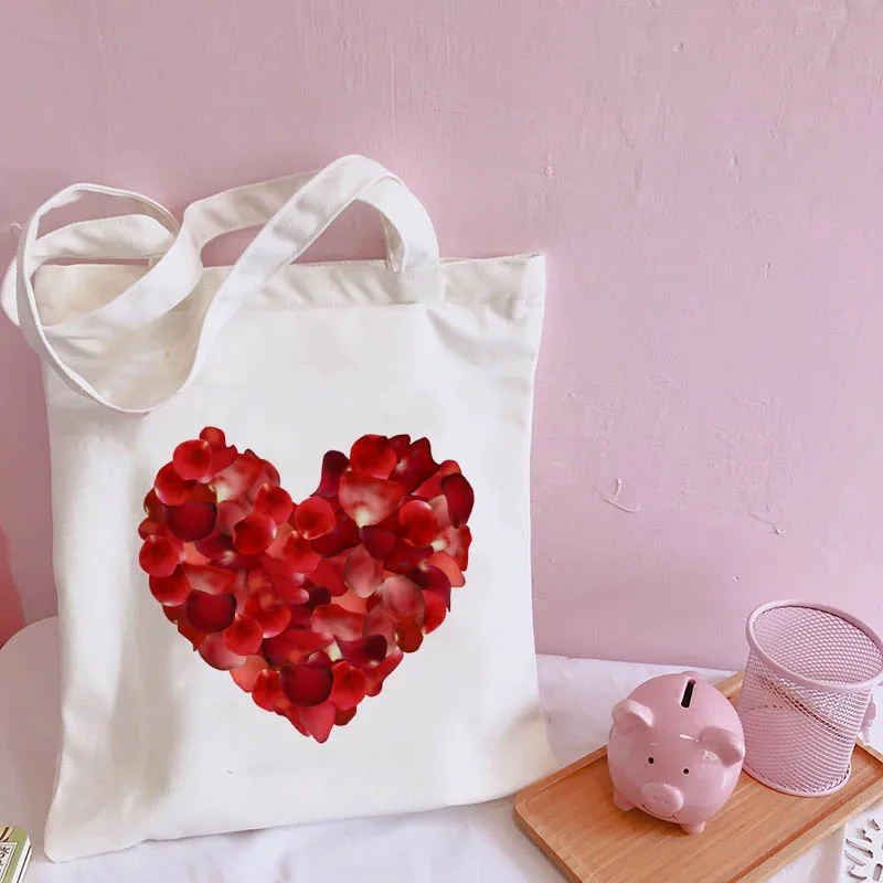 

Pink Heart Flower Print Women Canvas Shoulder Bag Valentine's Day Gift Shopping Travel Women Eco Reusable Shopper Bags