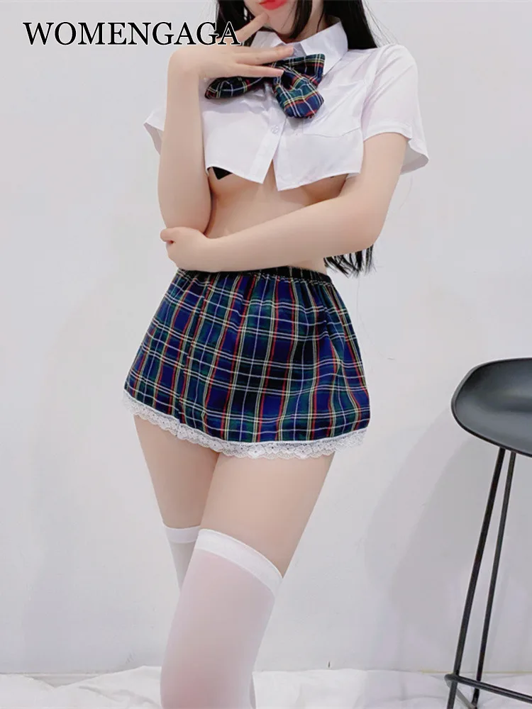WOMENGAGA-traje de falda Jk, camiseta súper corta, minifalda plisada a cuadros, ropa interior Sexy, conjunto de dos piezas coreano, 85MS