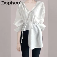 light luxury fashionable irregular blouse for women 2022 summer new waist slimming shirt casual outwear top lady white blusas