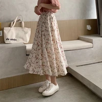 vintage floral print a line pleated long skirts summer women 2022 korean skirt streetwear drawstring elastic waist midi skirt