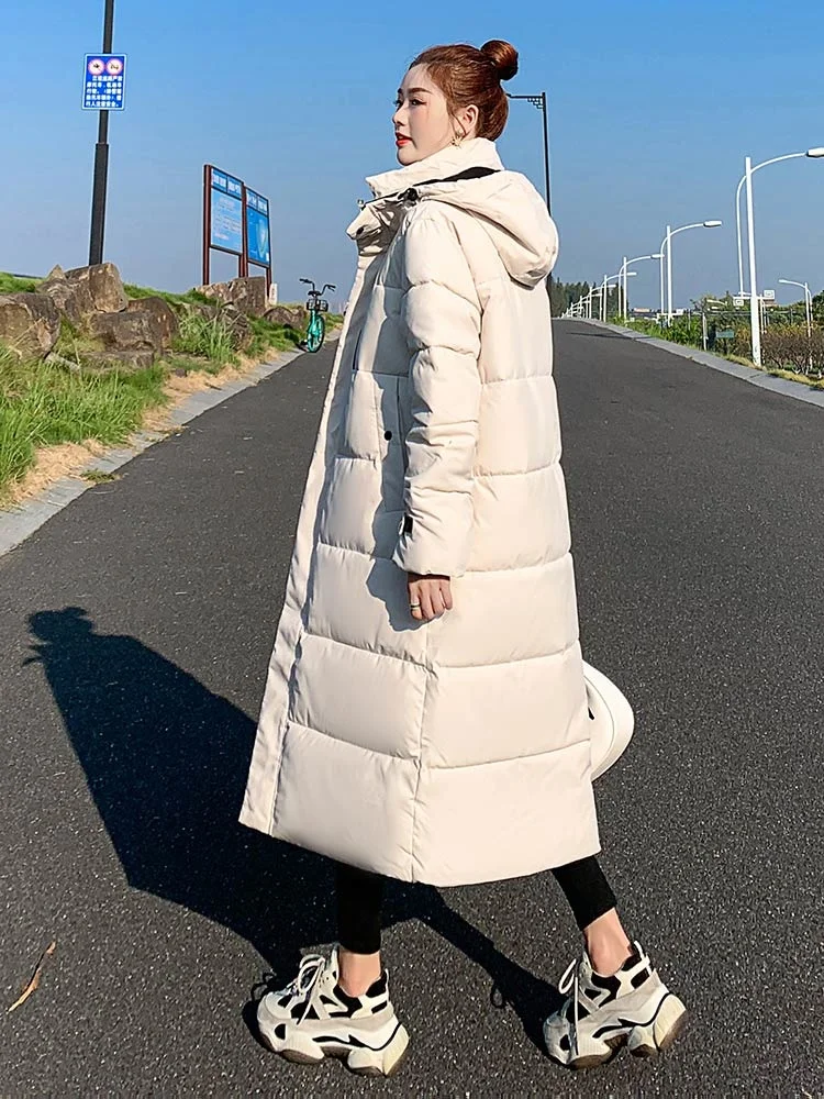 Parka Coat Extra Long Winter Jacket Women Hooded Pocket Zipper Female Lady Windbreaker Coat Casual Outwear Clothes