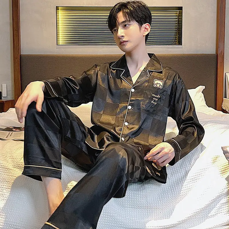 Ice silk pajamas men's new spring and autumn long-sleeved trousers men's thin loose large size youth home wear suit